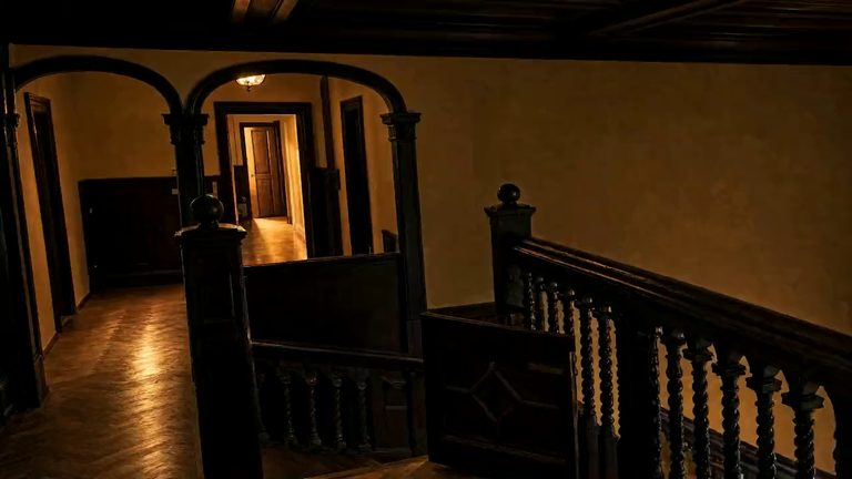 A first-floor landing at night: two round arches, a corridor beyond them, and a door standing open at the far end with warm light coming out of it