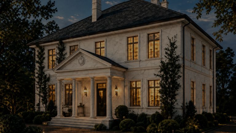 A white two-storey house at blue hour, its pediment and columns lit and every window warm, standing on a cobbled forecourt among clipped trees