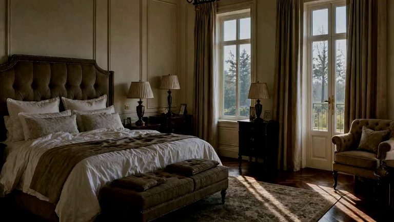 The same bedroom in early morning light: the lamps unlit, the curtains drawn back, long shapes of daylight lying across the parquet and the park visible through the glass