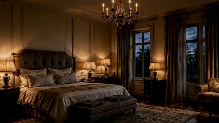 A panelled bedroom by lamplight at blue hour: bedside lamps lit either side of a buttoned headboard, a chandelier overhead, and a tall window and glazed doors onto the dark park