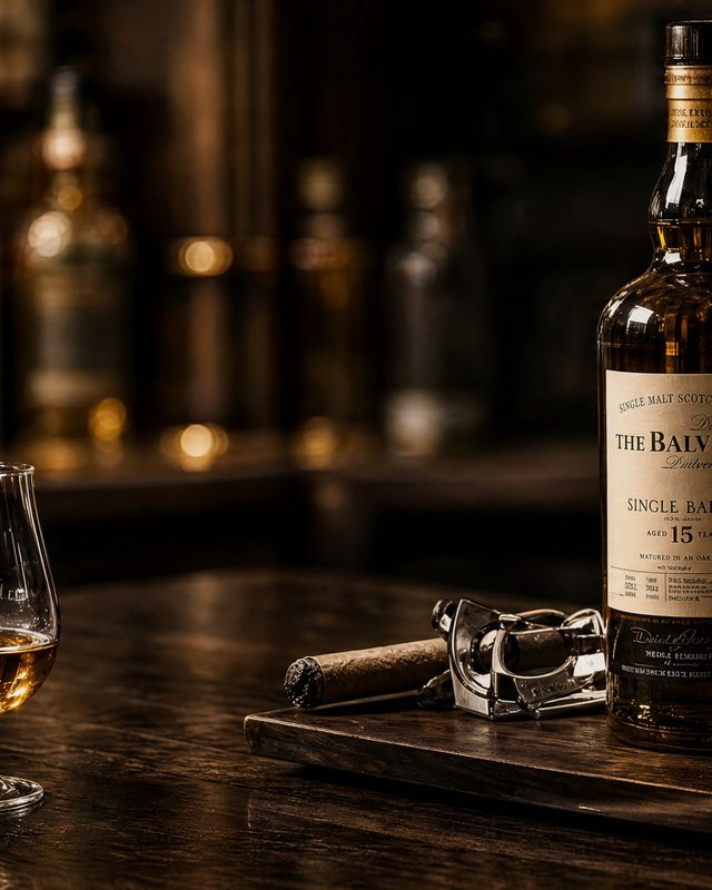Ranked bottles on a lit shelf in a dark panelled room
