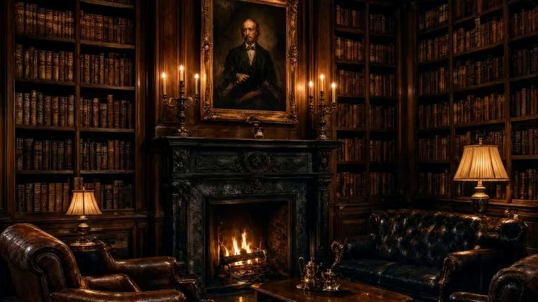 The library of the manor at evening, its fire lit, bound volumes to the ceiling on every wall and a portrait in a gilt frame above the chimneypiece